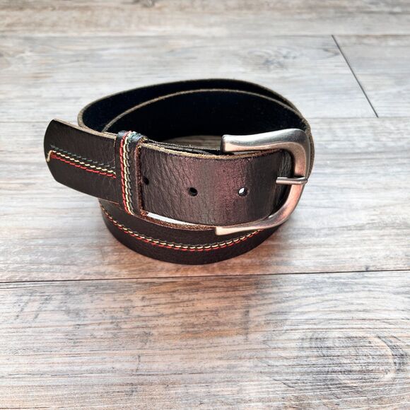 Levi’s Vintage Black Leather Belt Triple Stitch Red Yellow Teal Silver Size 34 main image 6